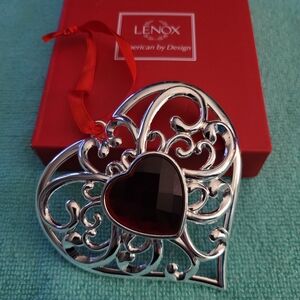 Lenox Silverplate Bejeweled Heart Ornament on Red Center